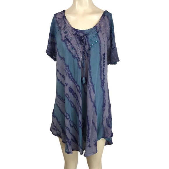 SAKKAS - WOMEN'S PLUS SIZE - MULTICOLOR ROUND NECK TIE DYE EMBROIDERED SHIRT - Picture 1 of 9